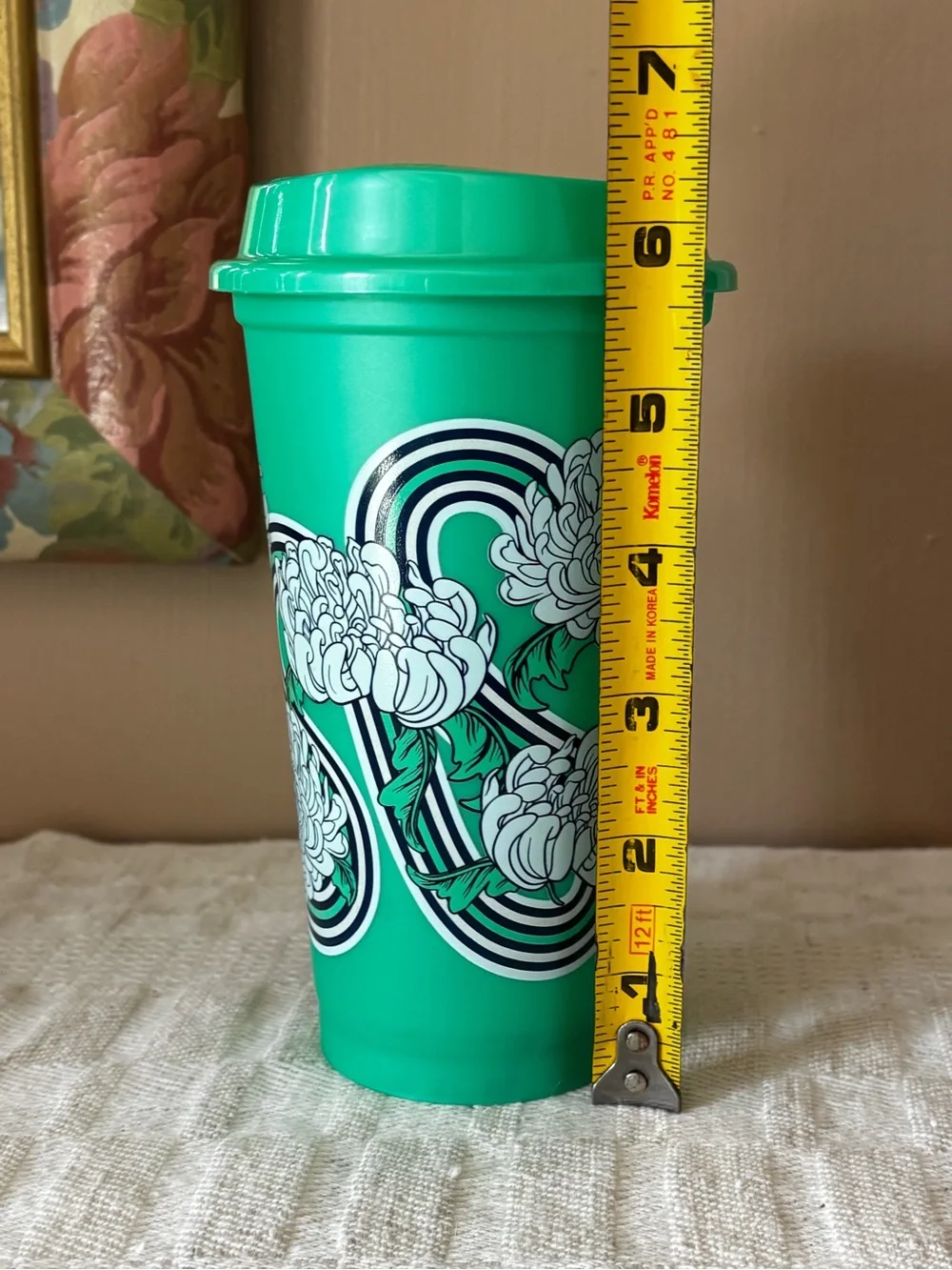Starbucks Green Floral Plastic Hot to Go Travel Cup with Lid